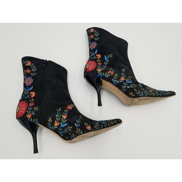 Beverly Feldman Ankle Boots Stiletto Pointed Toe Flower Embroidered Black 5.5 - Picture 4 of 12